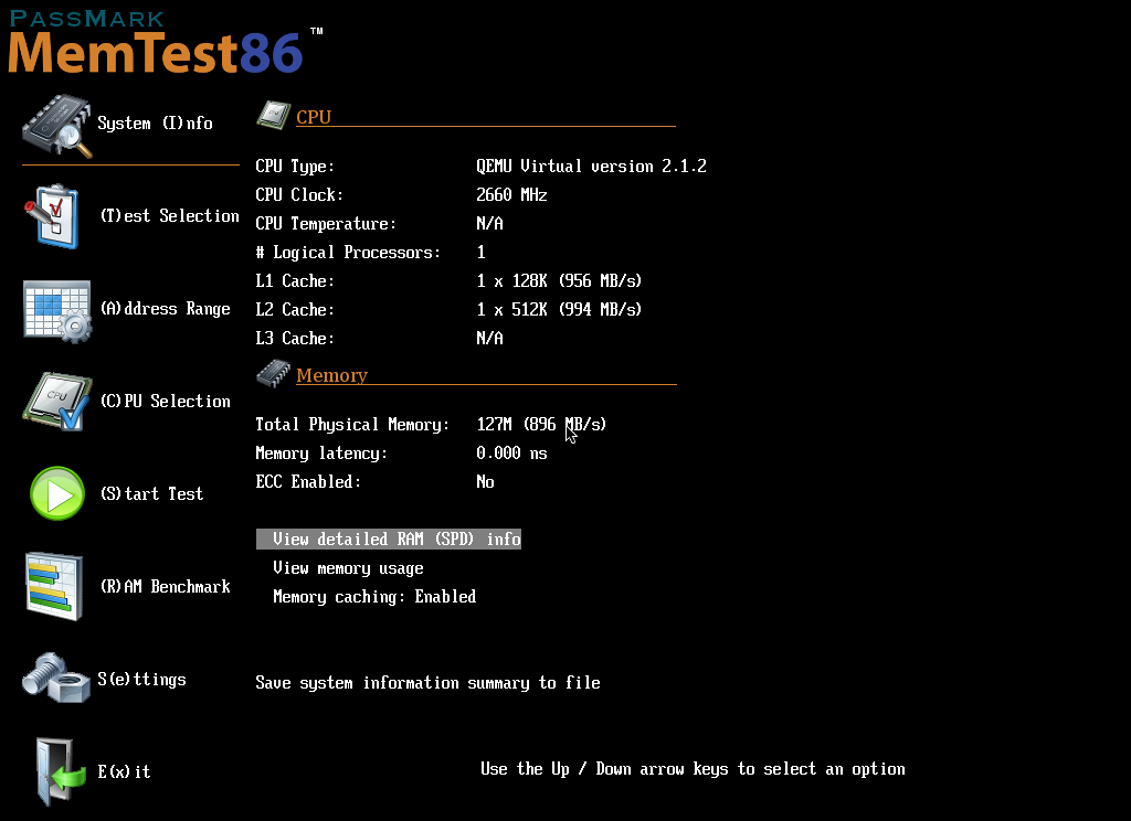 MemTest86 config screen